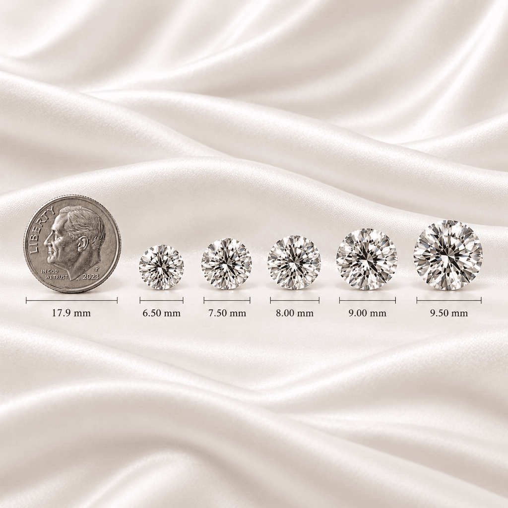 Size comparison of Gabriel Edward Jewelers round diamonds next to a US quarter coin.