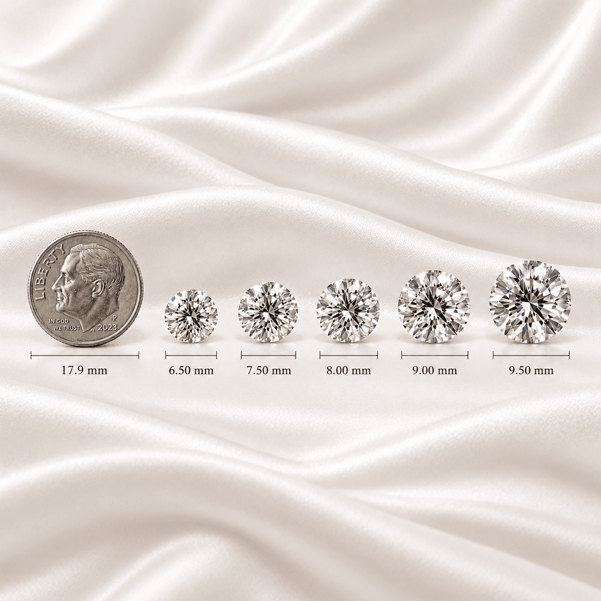 Size comparison of Gabriel Edward Jewelers round diamonds next to a US quarter coin.