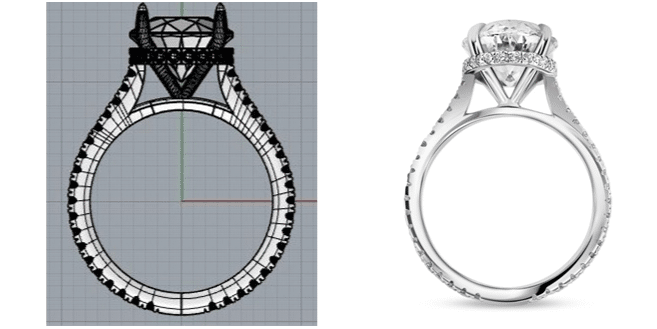 Engagement ring side-by-side showing CAD model and finished ring in gold with diamonds