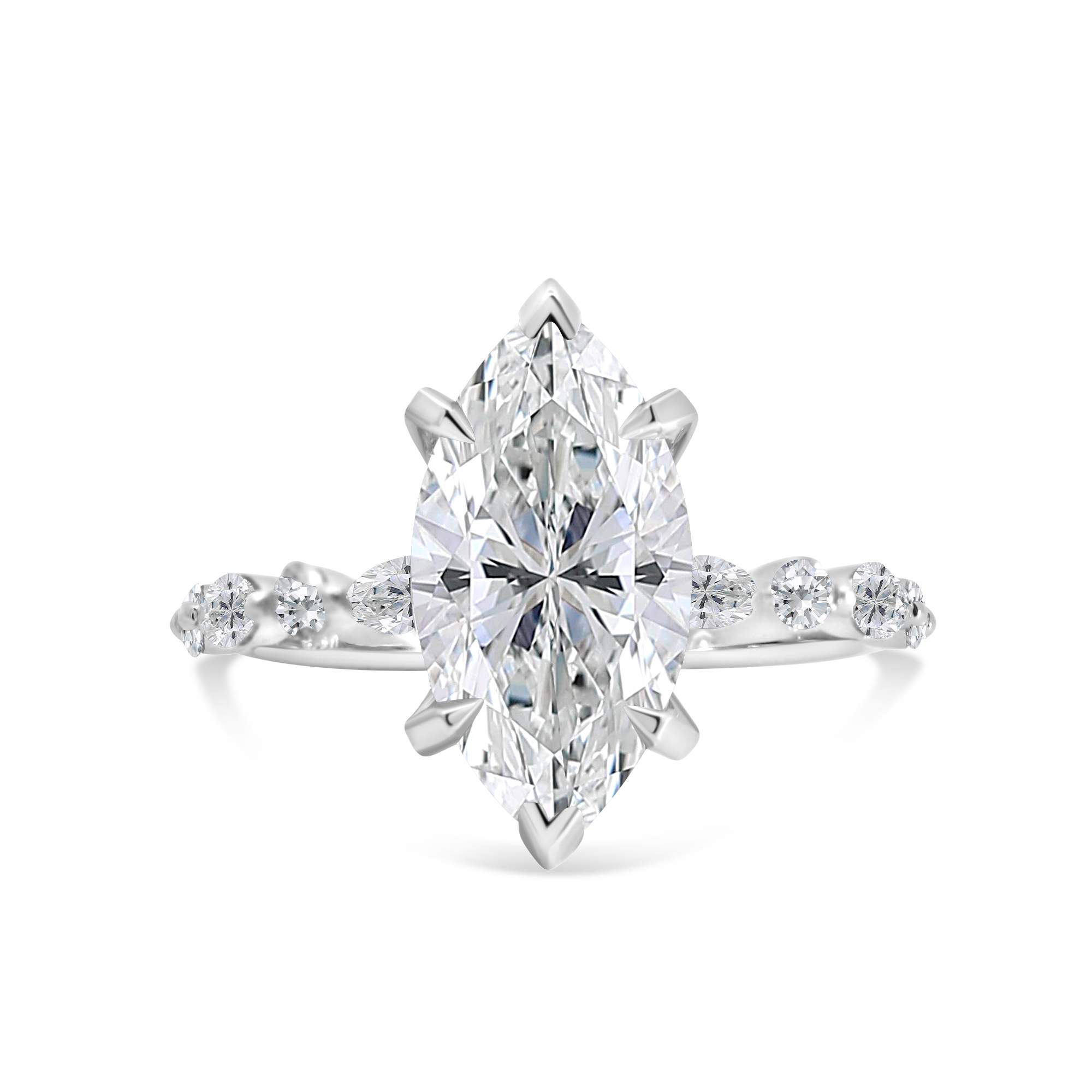 marquise engagement ring with round and marquise diamonds on the band