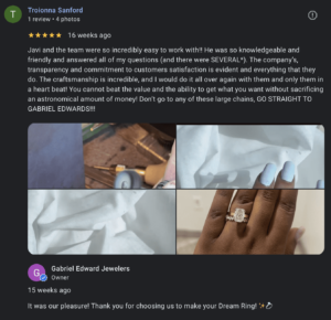Some client reviews from our google business page, happy clients who created their dream engagement ring with us