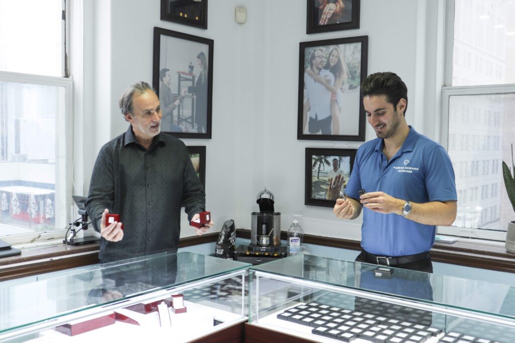 Javi and Tony in our Miami Engagement Ring showroom