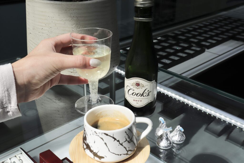 Refreshments at Gabriel Edward Jewelers. Coffee, champagne, water, etc/